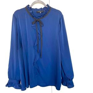 Eloquii Top 26 Navy Blue Ruffle Button Front Tie Neck Balloon Sleeve Ruffle Cuff